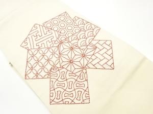 手織り紬刺し子色紙に古典柄模様名古屋帯